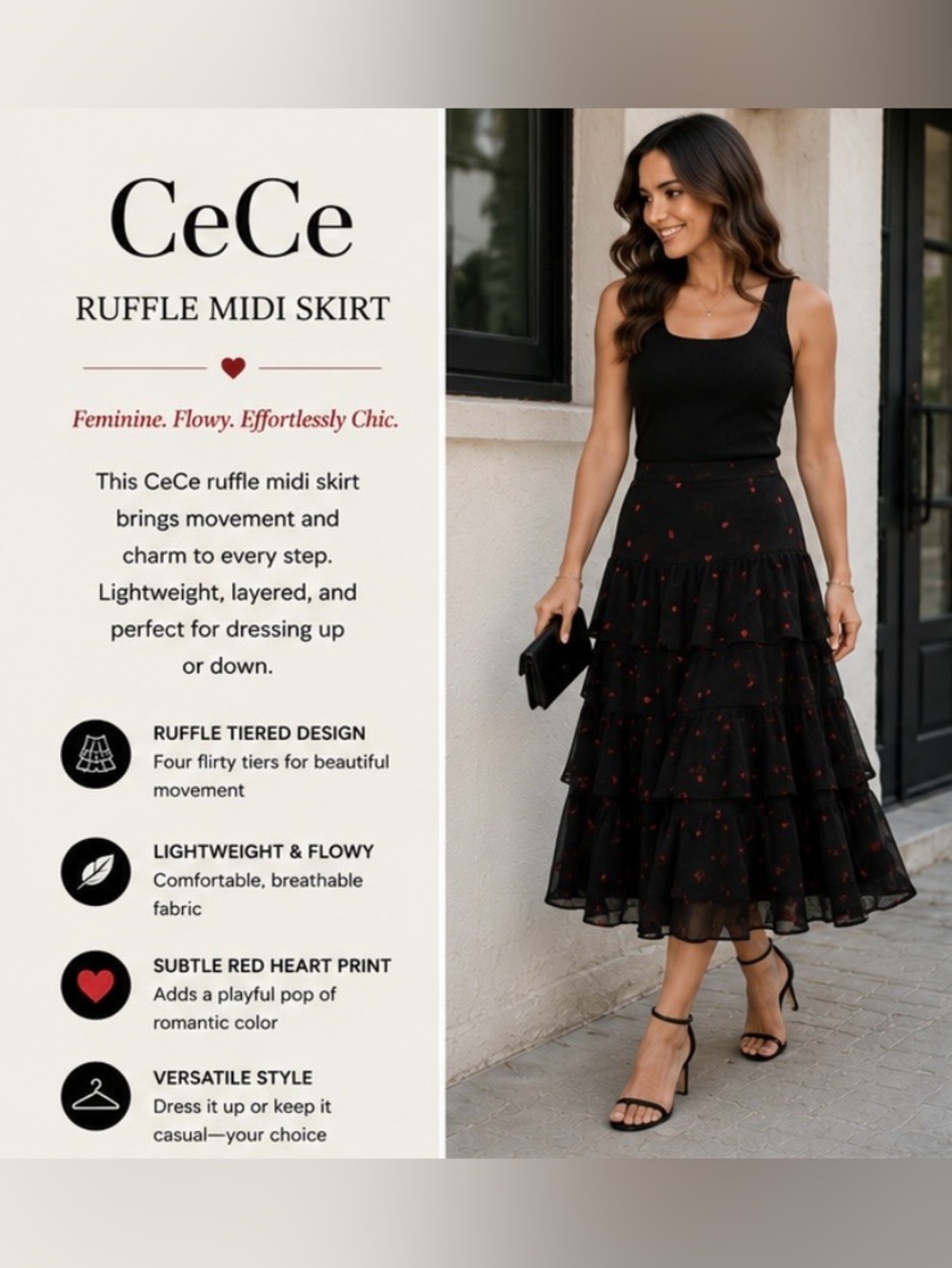 CeCe Black Tiered Ruffle Midi Skirt Red Heart Print Size 10 Romantic NWT - Picture 5 of 11